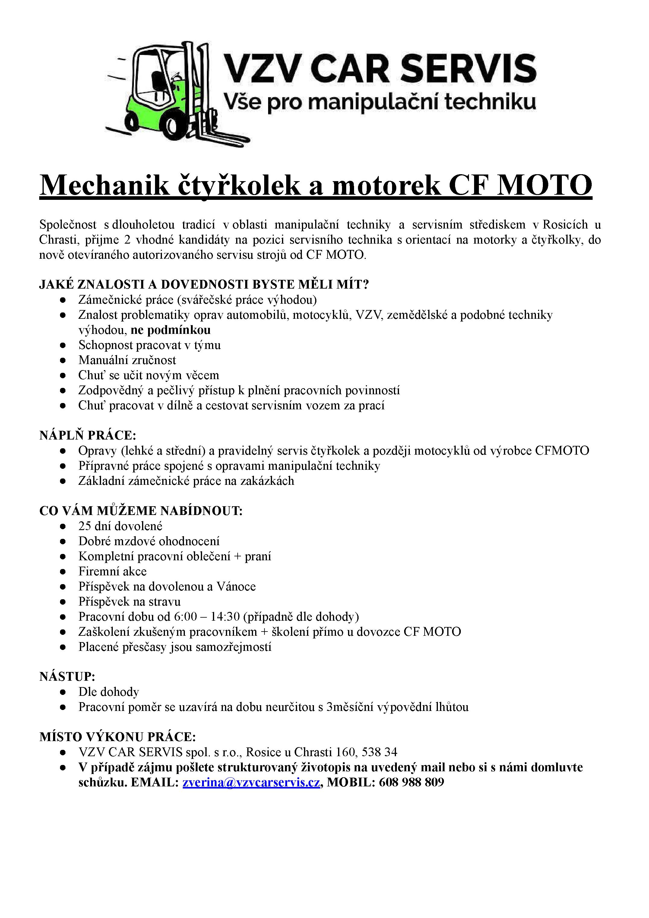 práce mechanik vzv